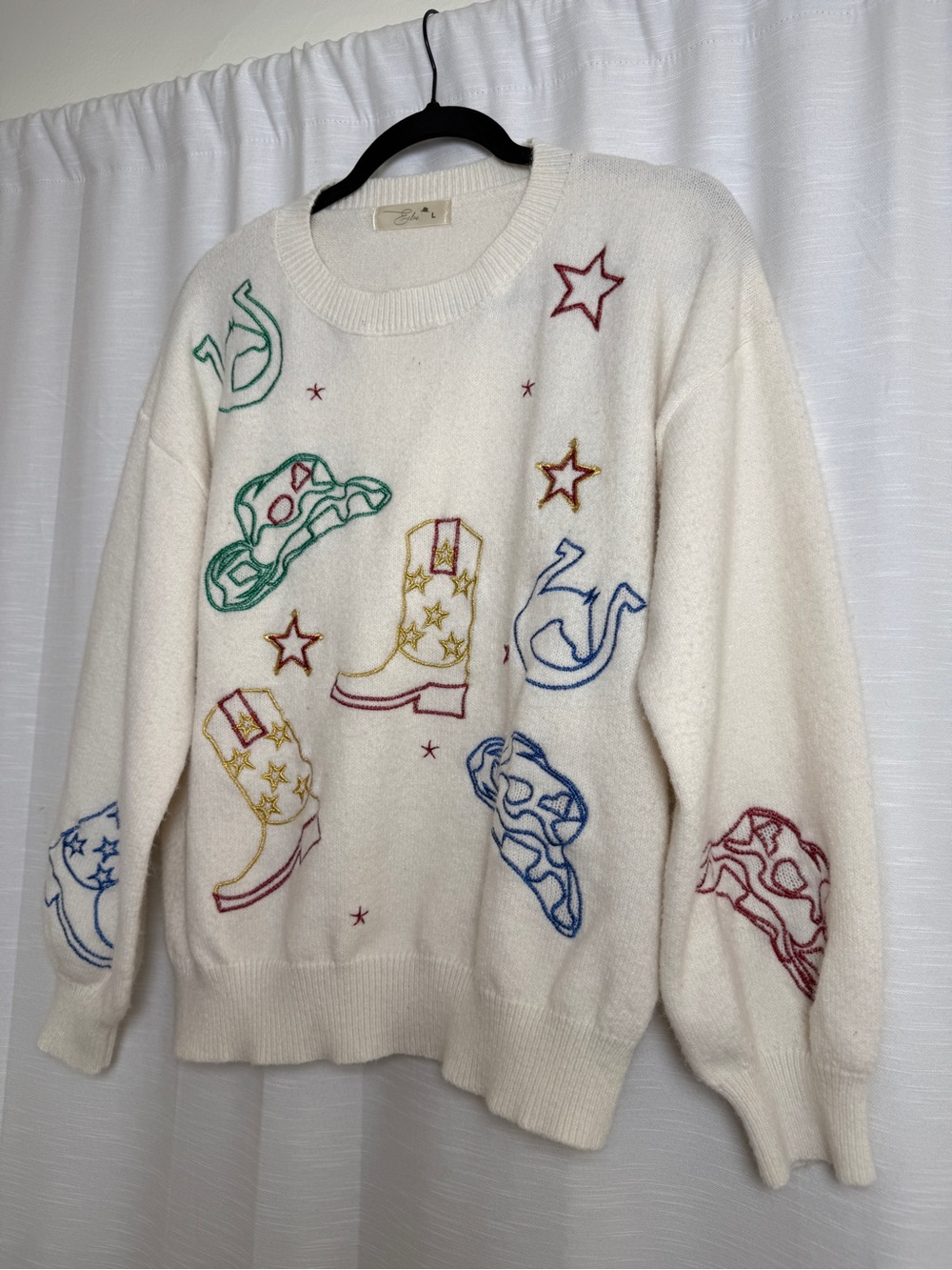 Eloise Raye Howdy Metallic Embroidered Western Cowboy Sweater Cream | Size S - Picture 7 of 13